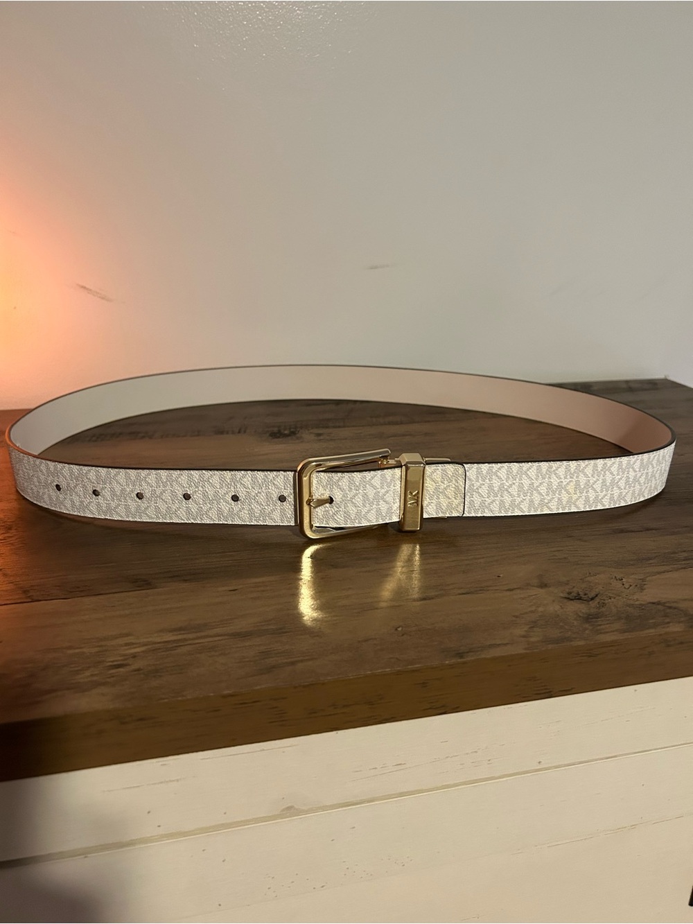 Michael Kors White MK Monogram Belt with Gold Buckle XL